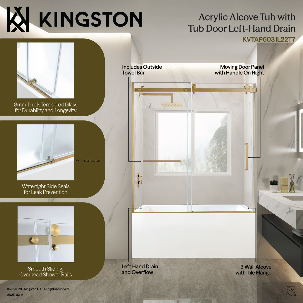 Kingston Brass KVTAP6031L22T7 60" Acrylic Rectangular 3-Wall Anti-Skid Alcove Tub Combo with Tub Door (Left Hand Drain), White/Brushed Brass