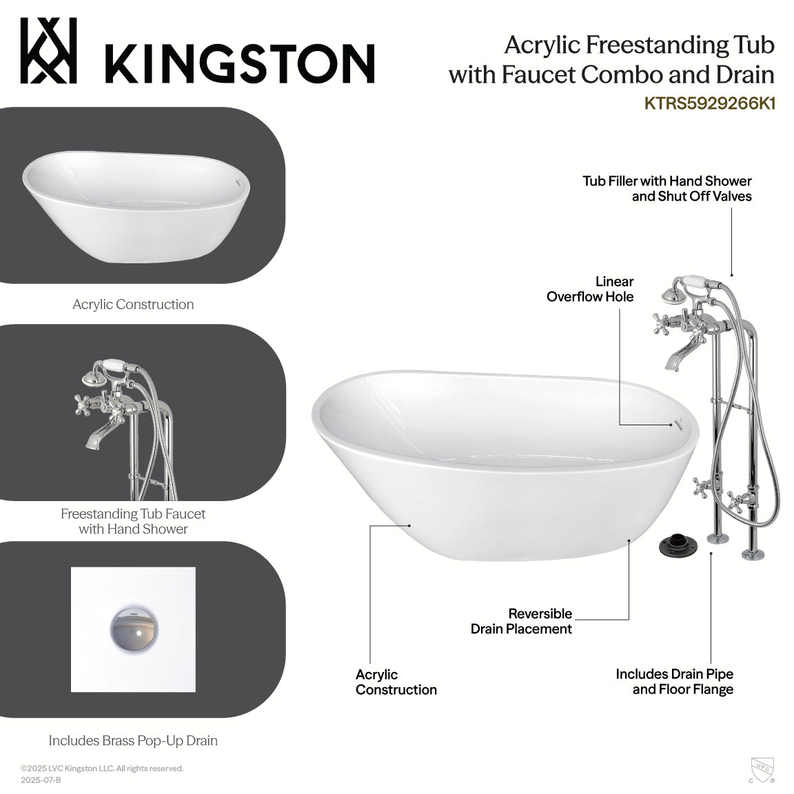 Kingston Brass KTRS5929266K1 59" Acrylic Oval Single Slipper Freestanding Tub with Faucet Combo and Drain, Glossy White/Polished Chrome
