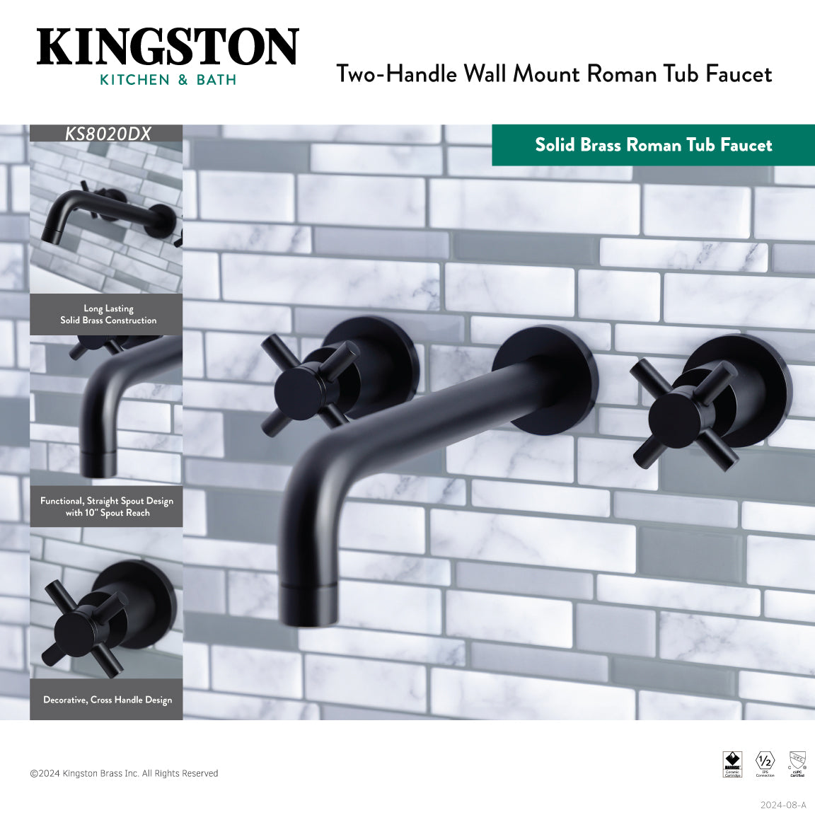 Kingston Brass KS8020DX Concord Two-Handle Wall Mount Roman Tub Faucet, Matte Black