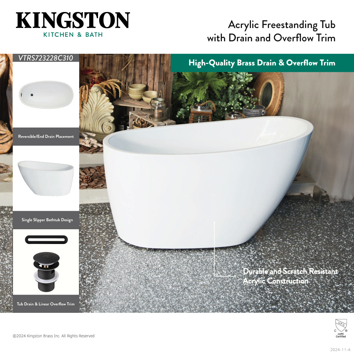 Kingston Brass VTRS482627C310 48" Acrylic Oval Single Slipper Freestanding Tub with Drain, Glossy White/Matte Black
