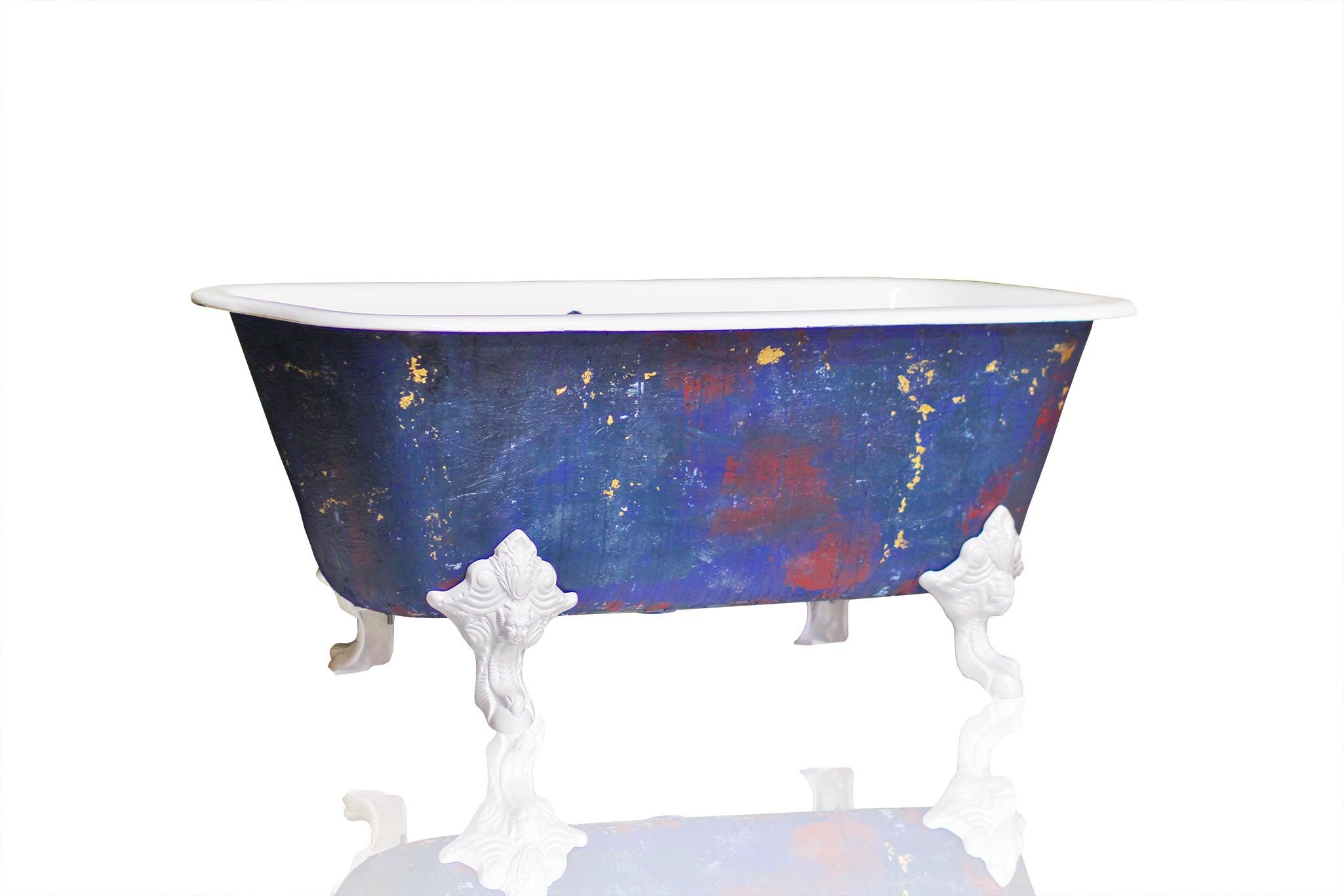 WatermarkFixtures Square Cast Iron Clawfoot Bathtub Trompe L’oeil Antiqued Lagniappe Freestanding Claw Tub - Degas Blue - Bathroom Design Center