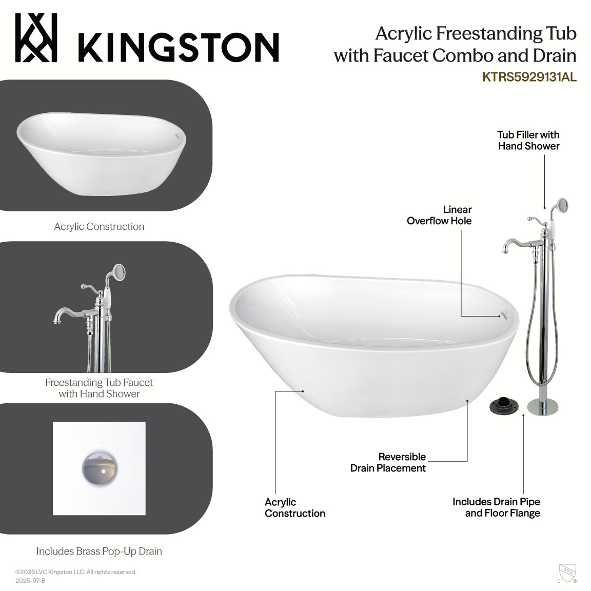 Kingston Brass KTRS5929131AL 59" Acrylic Oval Single Slipper Freestanding Tub with Faucet Combo and Drain, Glossy White/Polished Chrome