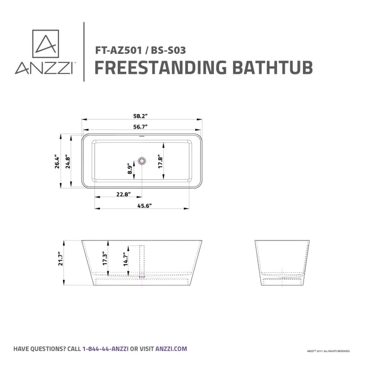 ANZZI Cenere 4.9 ft. Man-Made Stone Center Drain Freestanding Bathtub in Matte White - Bathroom Design Center