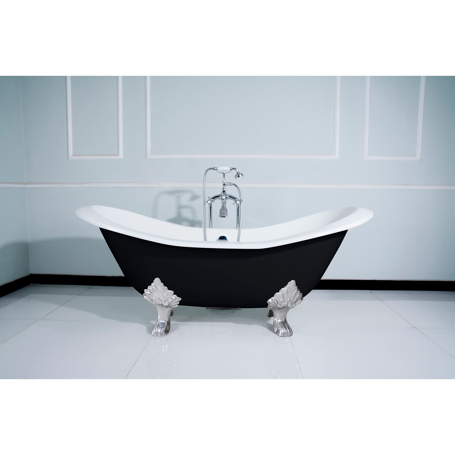Aqua Eden VBTND7231NC1 72" Cast Iron Oval Double Slipper Clawfoot Tub (No Faucet Drillings), Black/White/Polished Chrome