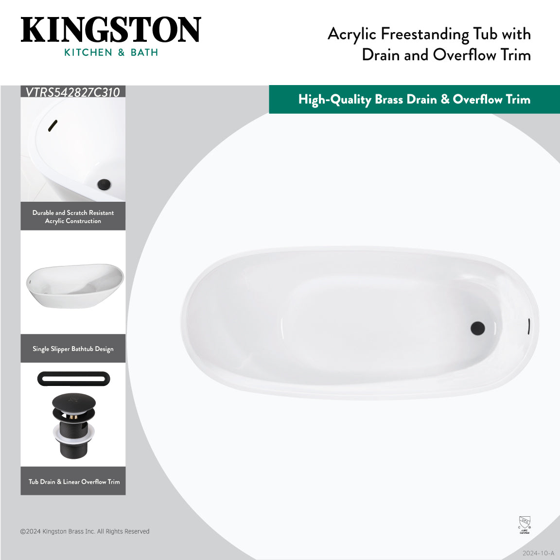 Kingston Brass VTRS542827C310 54" Acrylic Oval Single Slipper Freestanding Tub with Drain, Glossy White/Matte Black