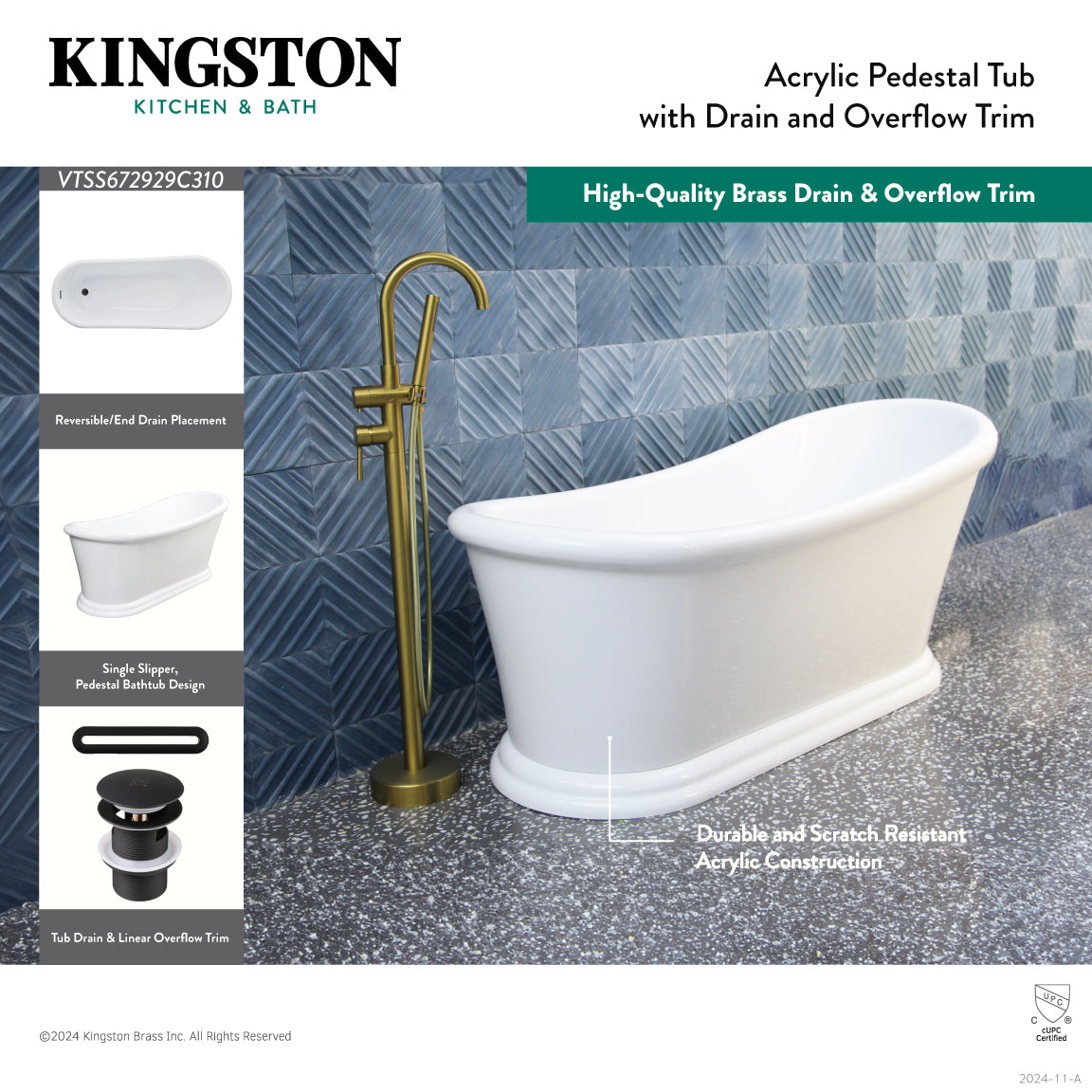Kingston Brass VTSS672929C310 67" Acrylic Oval Single Slipper Pedestal Tub with Drain (No Faucet Drillings), Glossy White/Matte Black