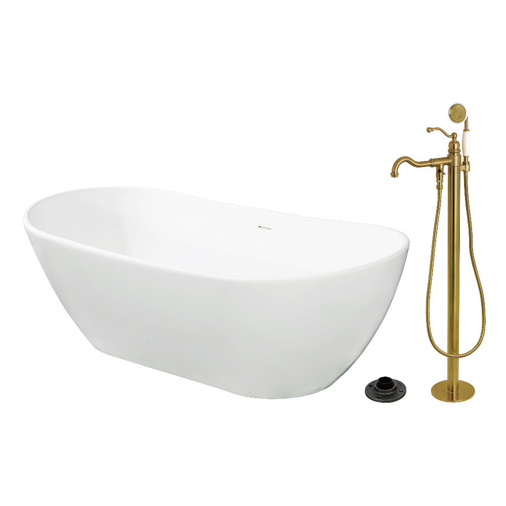 Kingston Brass KRTRS7232137AL 72" Solid Surface Oval Double Ended Freestanding Tub with Faucet Combo and Drain, Brushed Brass