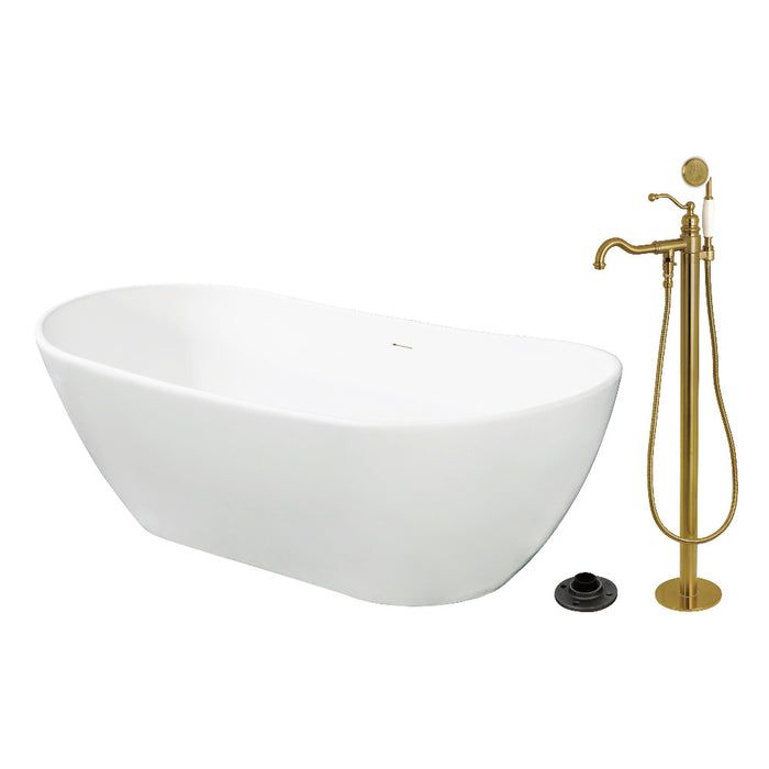 Kingston Brass KRTRS7232137AL 72" Solid Surface Oval Double Ended Freestanding Tub with Faucet Combo and Drain, Brushed Brass