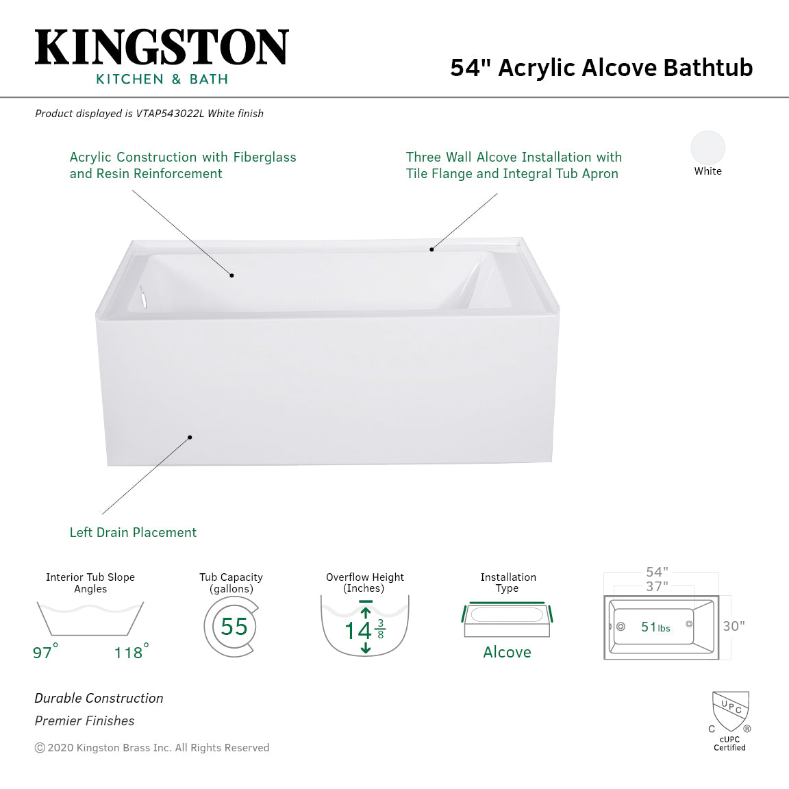 Aqua Eden VTAP543022L 54" Acrylic Rectangular 3-Wall Alcove Tub, Left Hand Drain, Glossy White