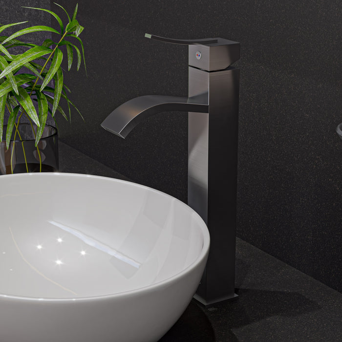 ALFI AB1158-BN Tall Brushed Nickel Tall Square Body Curved Spout Single Lever Bathroom Faucet