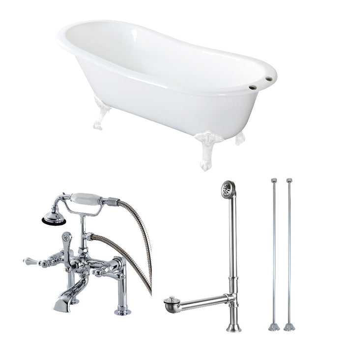 Aqua Eden KCT7D653129CW 62" Cast Iron Oval Single Slipper Clawfoot Tub with Faucet Drain and Supply Lines Combo, White/White/Polished Chrome