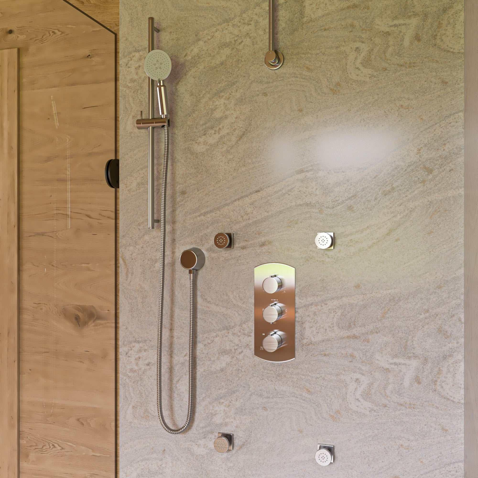 ALFI AB4101-BN Brushed Nickel Concealed 4-Way Thermostatic Valve Shower Mixer /w Round Knobs