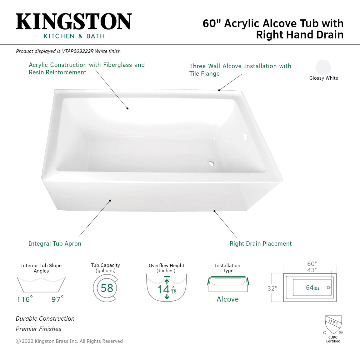 Aqua Eden VTAP603222R 60" Acrylic Rectangular 3-Wall Alcove Tub, Right Hand Drain Hole, Glossy White