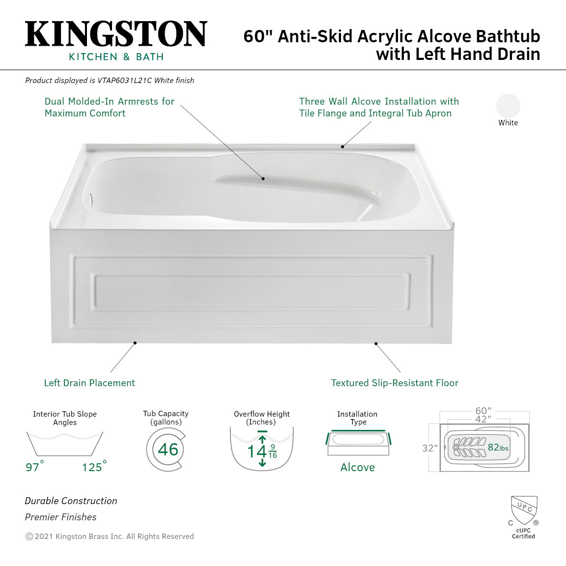 Aqua Eden VTAP6031L21C 60" Acrylic Rectangular 3-Wall Alcove Tub with Anti-Skid Surface, Left Hand Drain, Glossy White