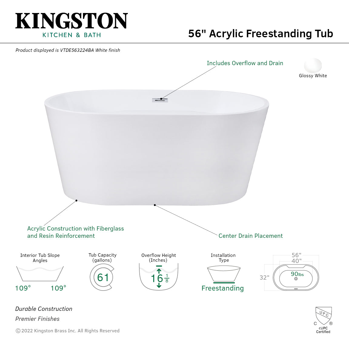 Kingston Brass VTDE563224BA 56" Acrylic Oval Double Ended Freestanding Tub with Drain, Glossy White