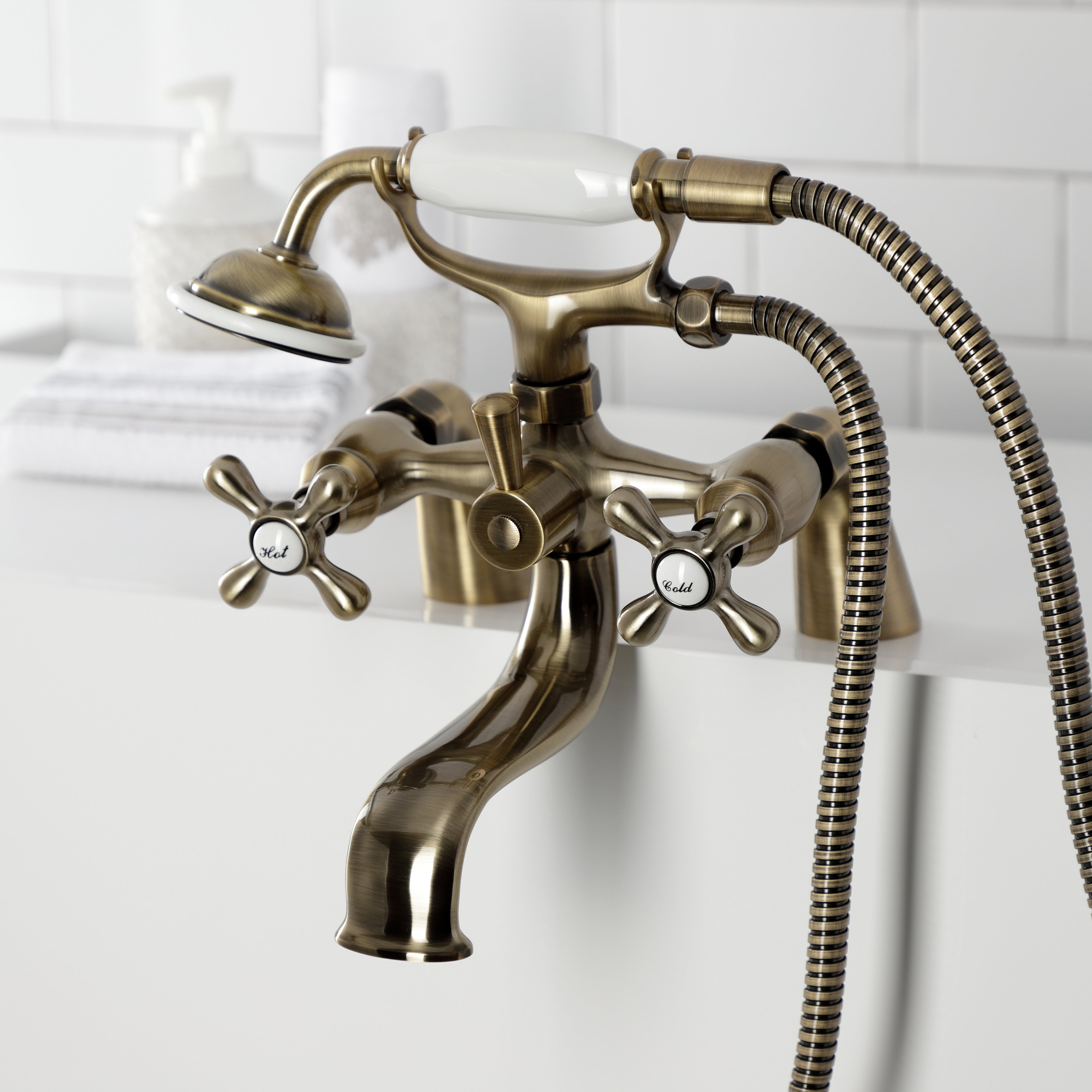 Kingston Brass KS227AB Kingston 6" Center Deck-Mount Clawfoot Tub Faucet with Hand Shower, Antique Brass