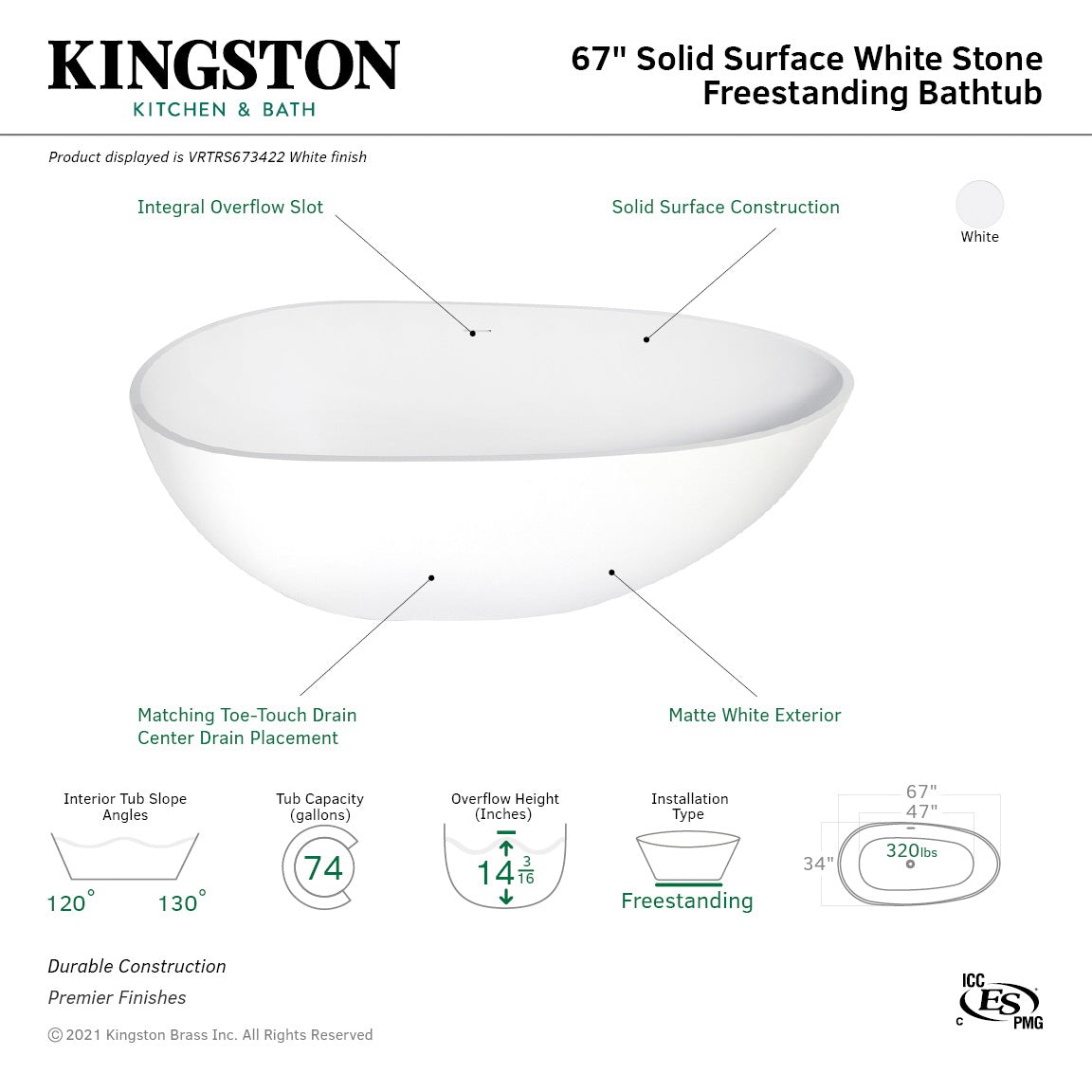 Kingston Brass VRTRS673422 67" Solid Surface Egg Shaped Double Ended Freestanding Tub with Drain, Matte White