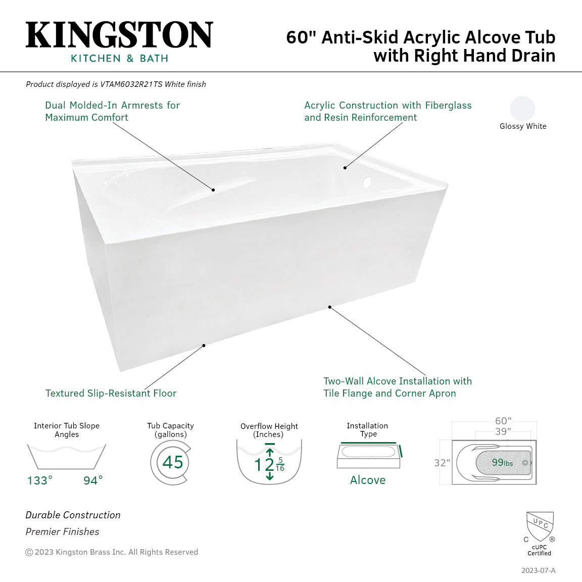 Aqua Eden VTAM6032R21TS 60" Acrylic Rectangular 2-Wall Corner Alcove Tub, Right Hand Drain, Glossy White