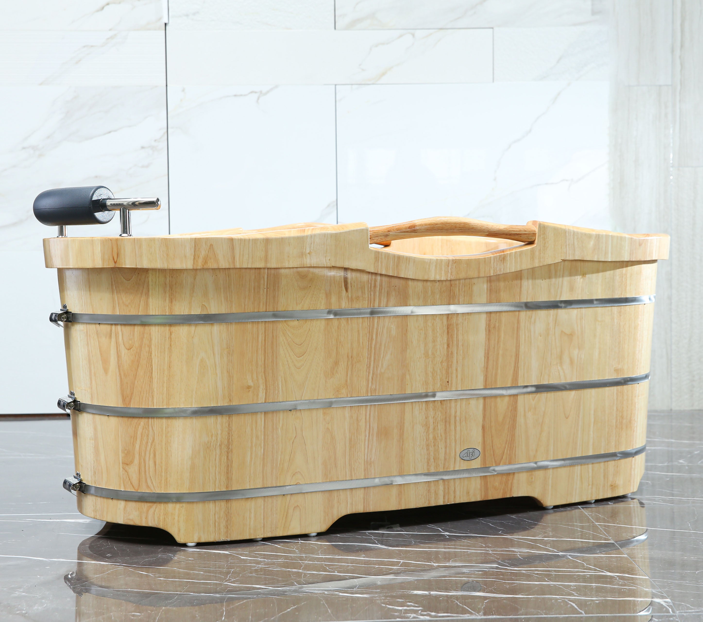 ALFI AB1163 61" Free Standing Wooden Bathtub with Cushion Headrest