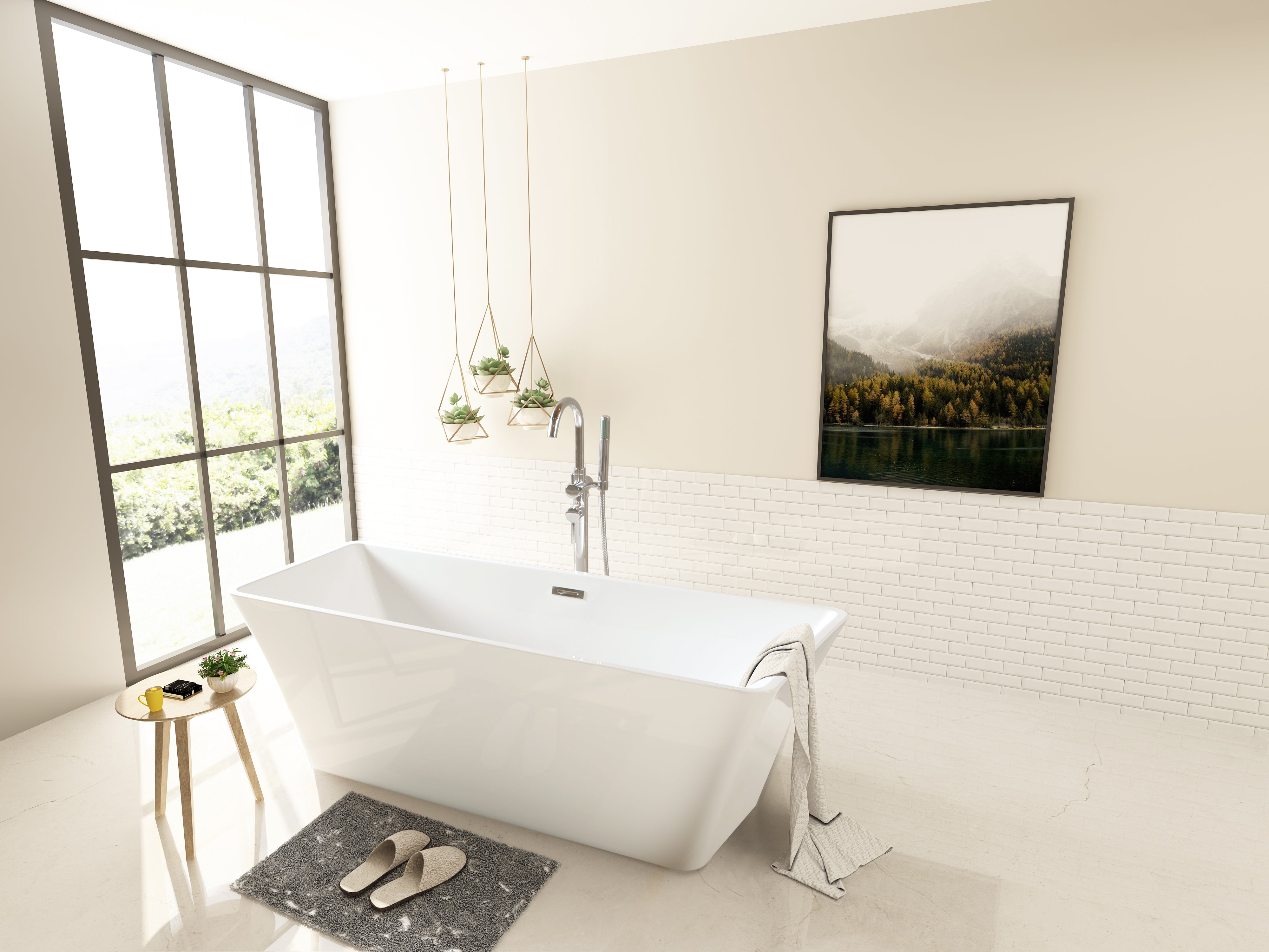 Kingston Brass VTSQ672923 67" Acrylic Rectangular Double Ended Freestanding Tub with Drain, Glossy White