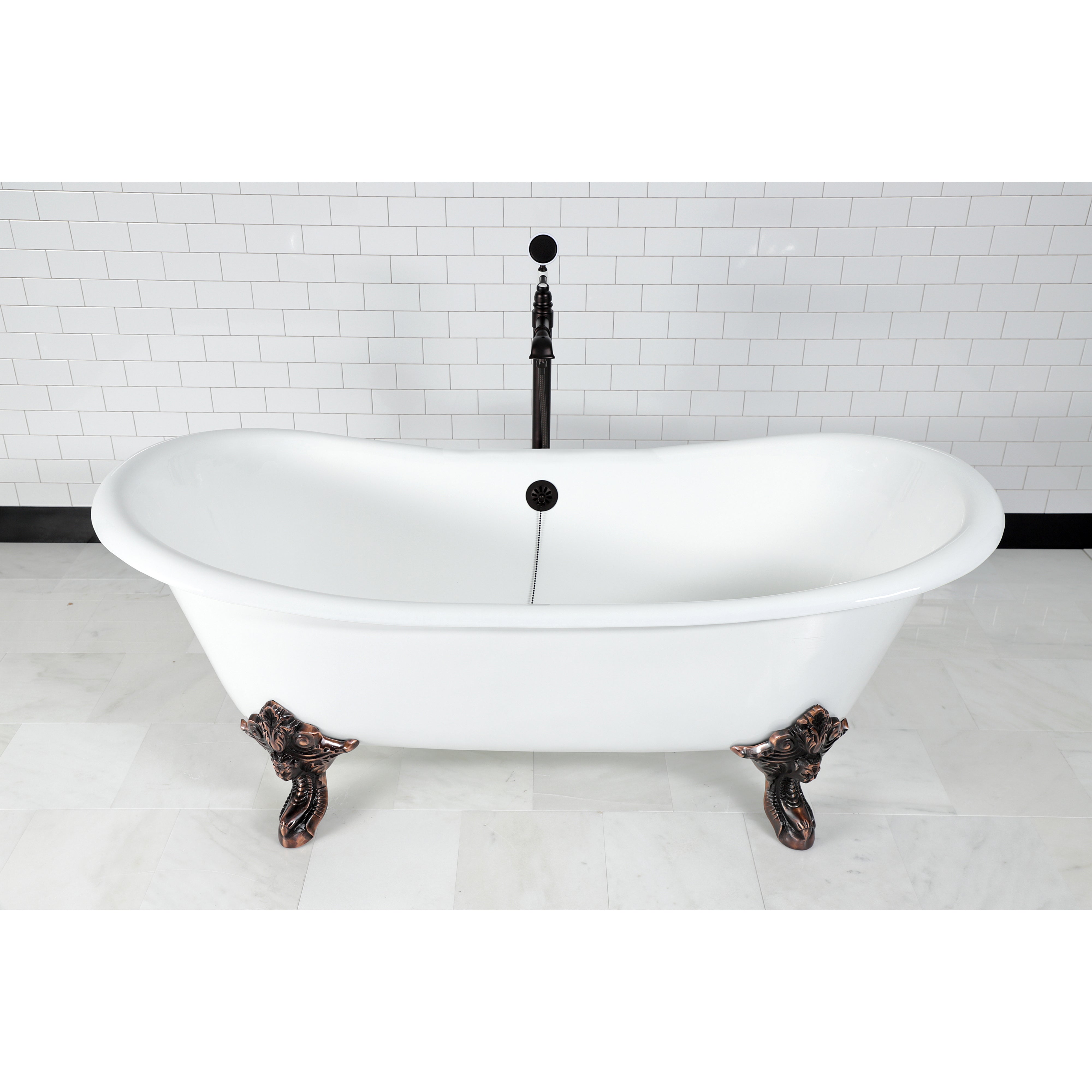 Aqua Eden VCTNDS7231NL5 72" Cast Iron Oval Double Slipper Clawfoot Tub (No Faucet Drillings), White/Oil Rubbed Bronze