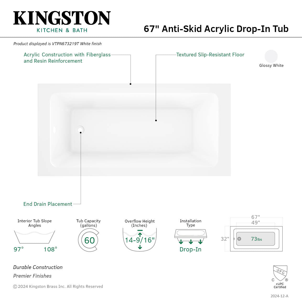 Kingston Brass VTPN673219T 67" Acrylic Rectangular Drop-In Tub with Anti-Skid Surface, Glossy White