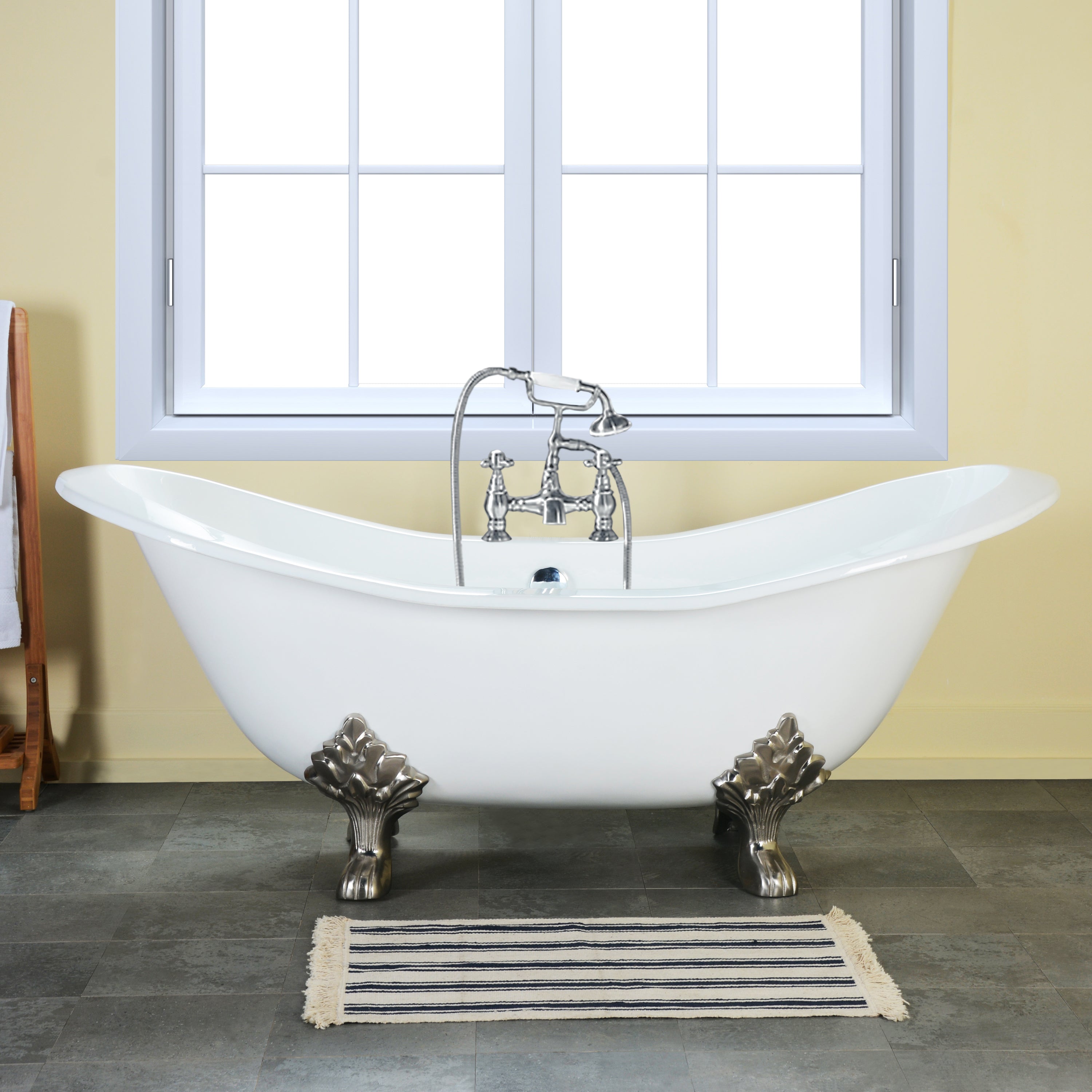 Aqua Eden VCT7DS6130NC1 61" Cast Iron Oval Double Slipper Clawfoot Tub (7" Faucet Drillings), White/Polished Chrome