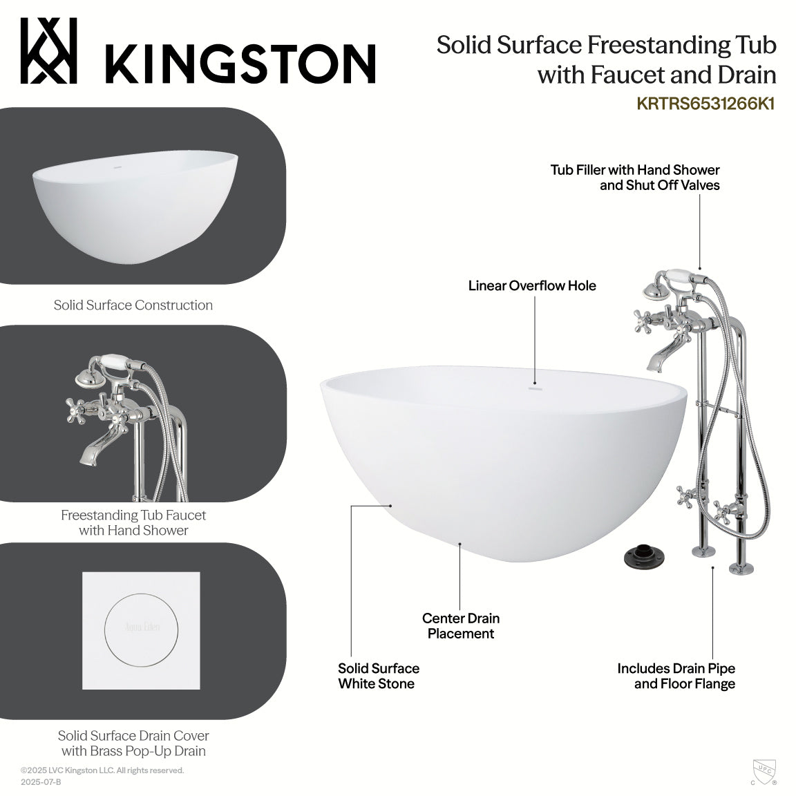 Kingston Brass KRTRS6531266K5 65" Solid Surface Oval Double Ended Freestanding Tub with Faucet Combo and Drain, Oil Rubbed Bronze