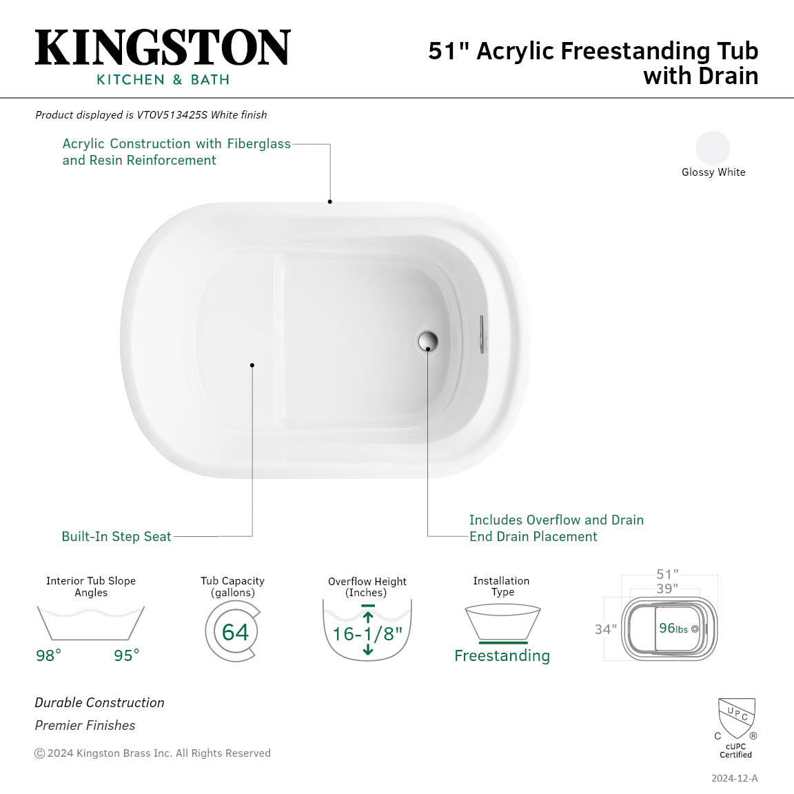 Kingston Brass VTOV513425S 51" Acrylic Oval Rectangular Double Ended Freestanding Tub with Drain, Glossy White