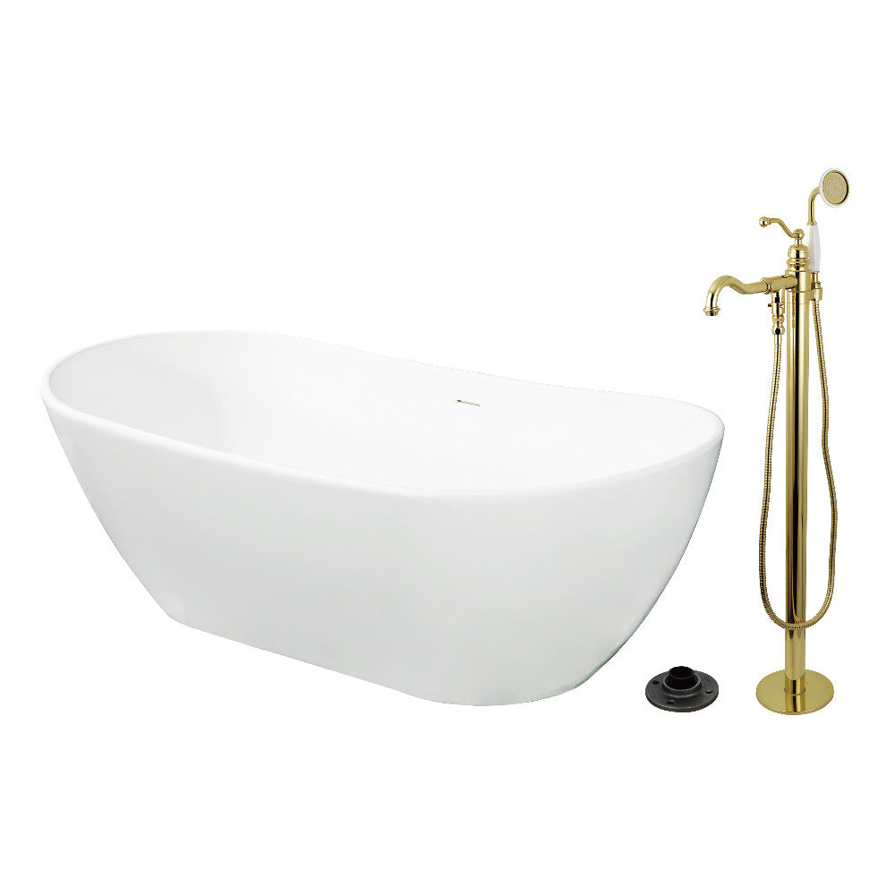 Kingston Brass KRTRS7232132AL 72" Solid Surface Oval Double Ended Freestanding Tub with Faucet Combo and Drain, Polished Brass