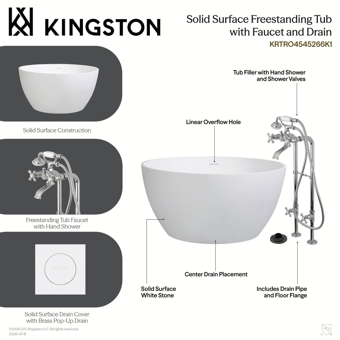 Kingston Brass KRTRO4545266K5 45" Solid Surface Round Double Ended Freestanding Tub with Faucet Combo and Drain, Oil Rubbed Bronze