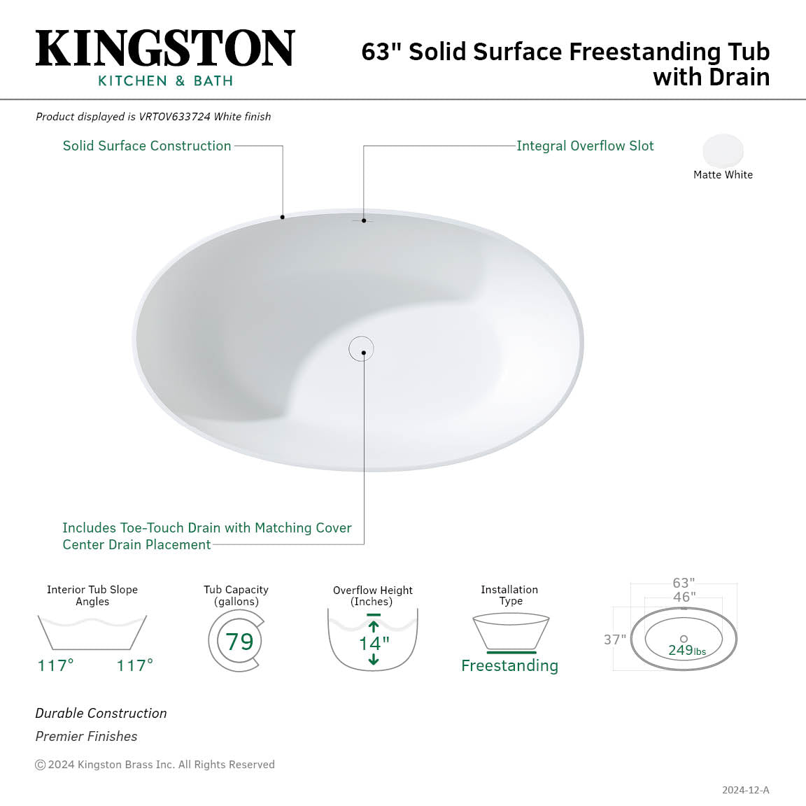 Kingston Brass VRTOV633724 63" Solid Surface Oval Double Slipper Freestanding Tub with Drain, Matte White