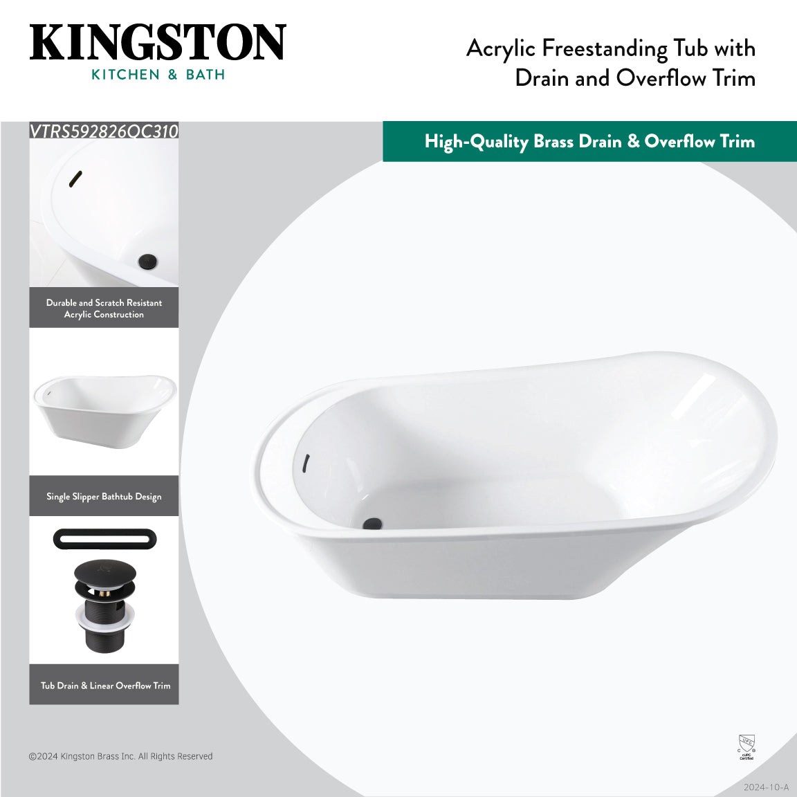 Kingston Brass VTRS592826QC310 59" Acrylic Oval Single Slipper Freestanding Tub with Drain, Glossy White/Matte Black