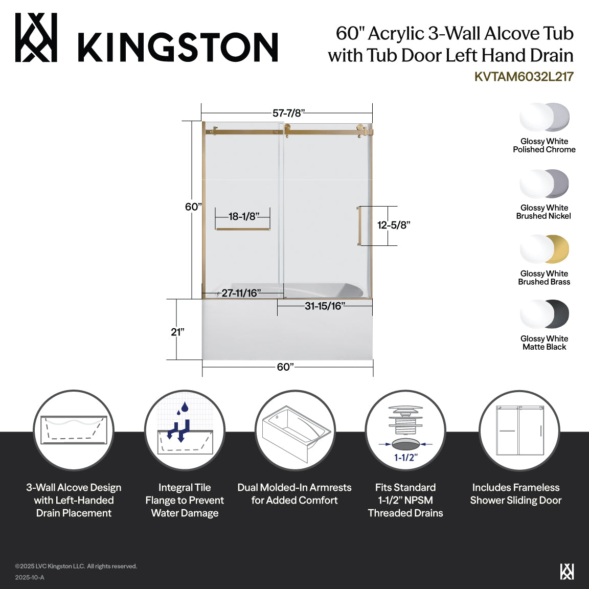 Kingston Brass KVTAM6032L210 60" Acrylic Rectangular 3-Wall Alcove Tub Combo with Tub Door (Left Hand Drain), White/Matte Black