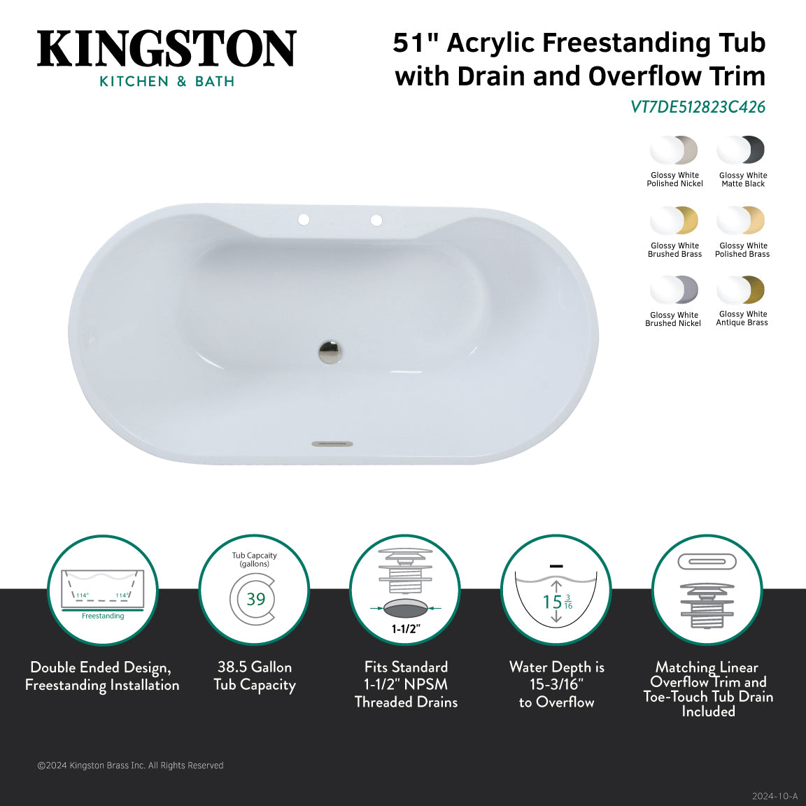 Kingston Brass VT7DE512823C423 51" Acrylic Oval Double Ended Freestanding Tub with Drain, Glossy White/Antique Brass