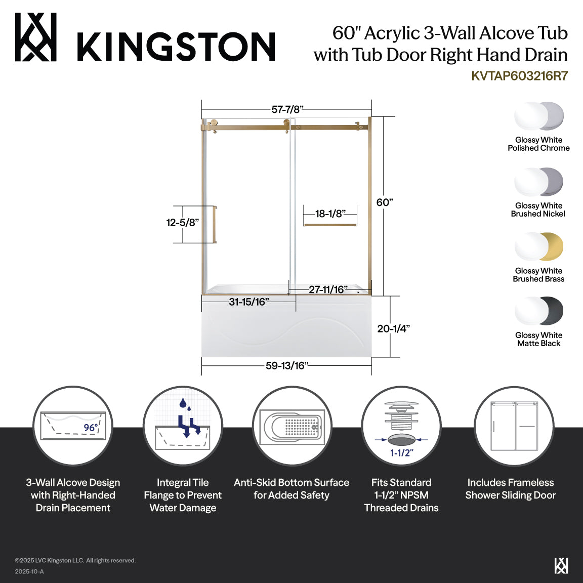 Kingston Brass KVTAP603216R0 60" Acrylic Rectangular 3-Wall Anti-Skid Alcove Tub Combo with Tub Door (Right Hand Drain), White/Matte Black