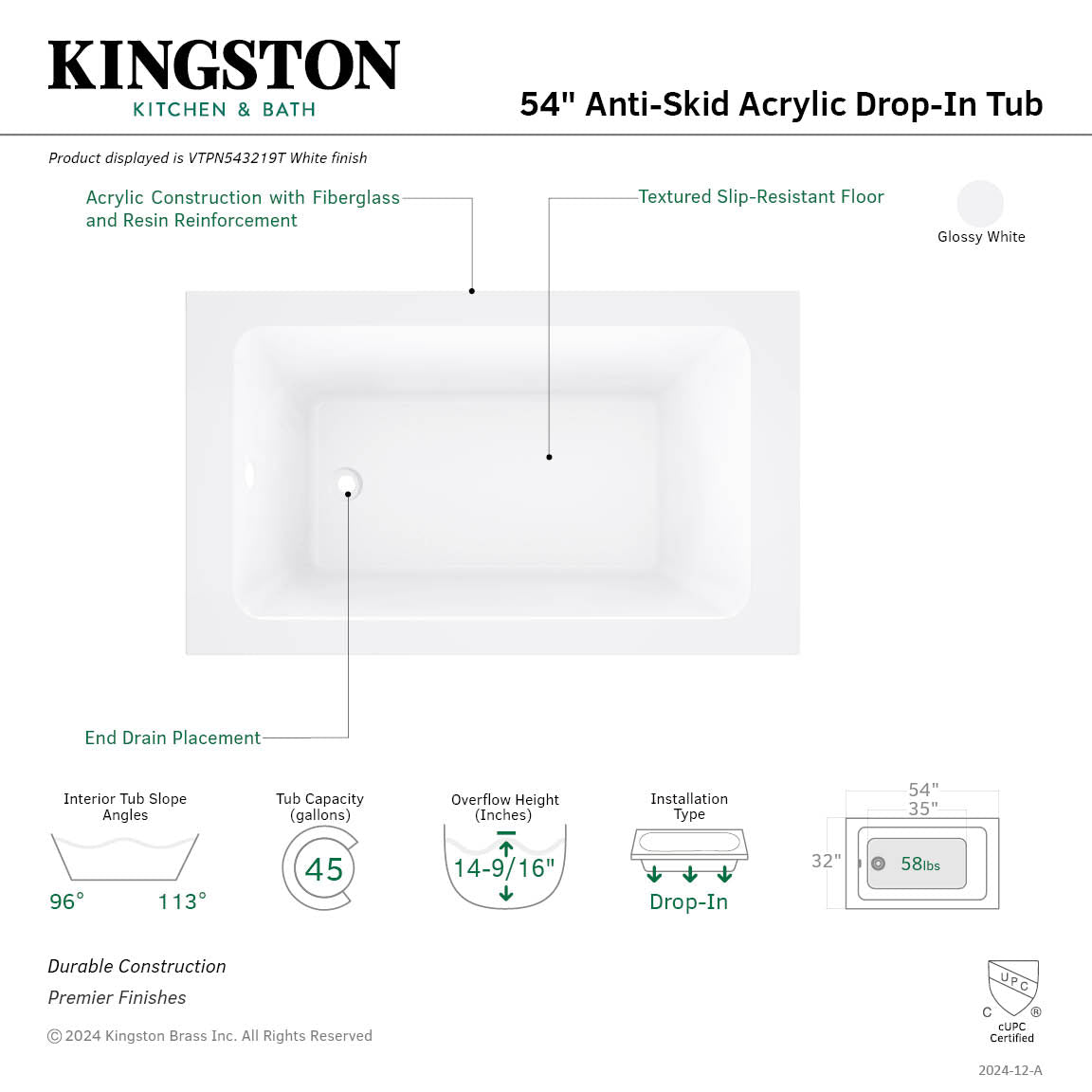 Kingston Brass VTPN543219T 54" Acrylic Rectangular Drop-In Tub with Anti-Skid Surface, Glossy White