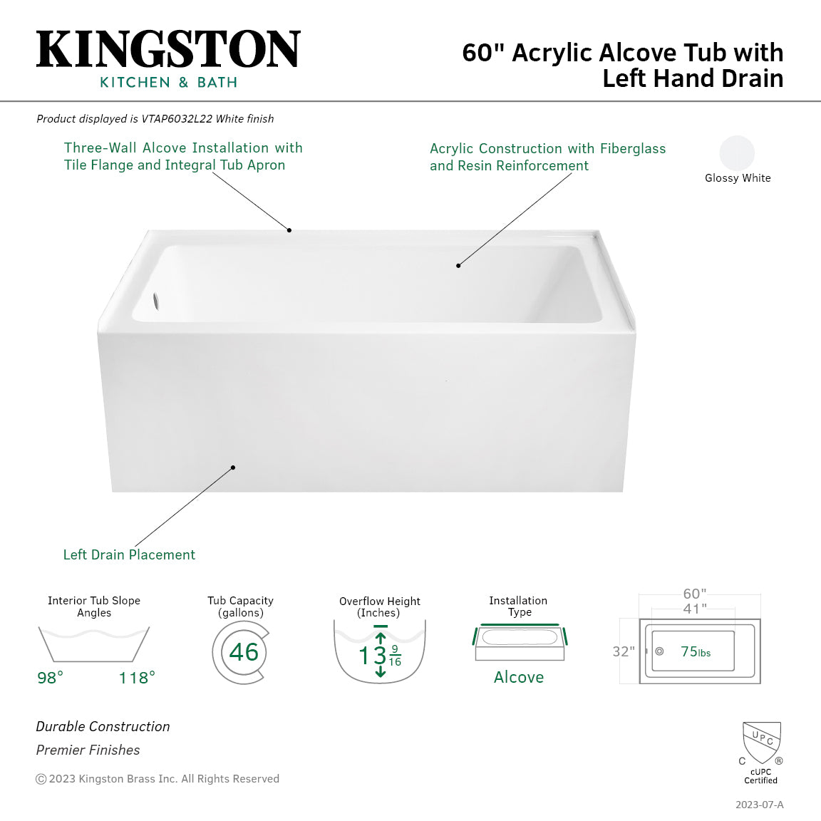 Aqua Eden VTAP6032L22 60" Acrylic Rectangular 3-Wall Alcove Tub, Left Hand Drain Hole, Glossy White