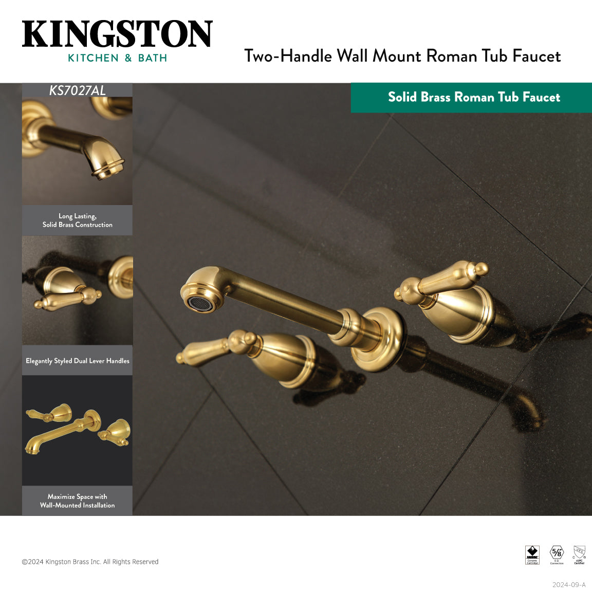 Kingston Brass KS7020AL English Country Two-Handle Wall Mount Roman Tub Faucet, Matte Black