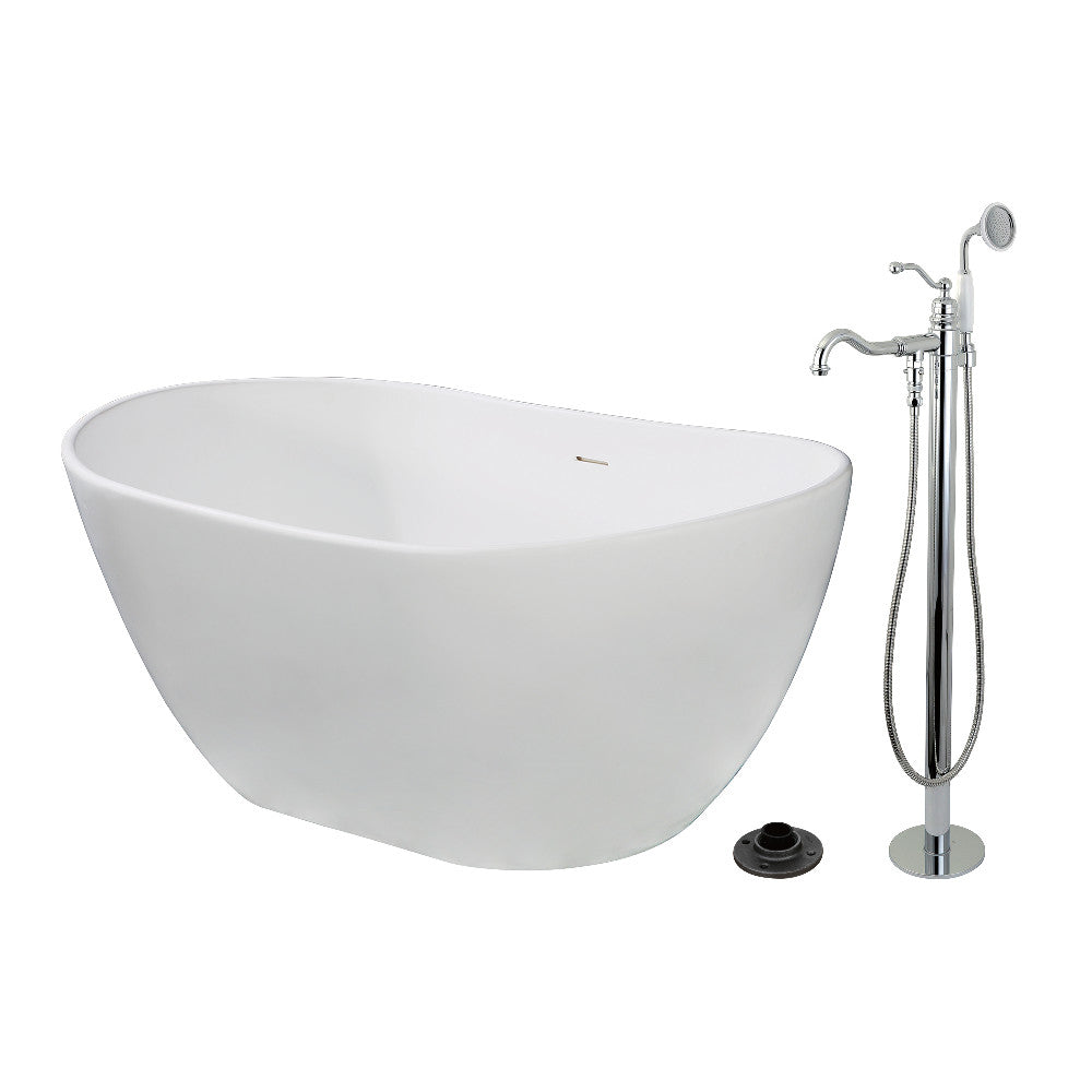 Kingston Brass KRTRS5732131AL 57" Solid Surface Oval Double Slipper Freestanding Tub with Faucet Combo and Drain, Polished Chrome