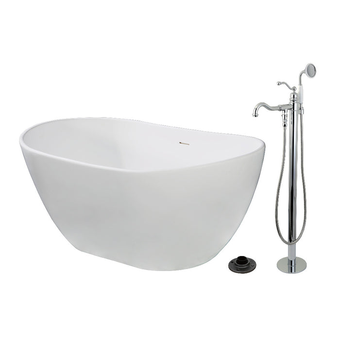 Kingston Brass KRTRS5732131AL 57" Solid Surface Oval Double Slipper Freestanding Tub with Faucet Combo and Drain, Polished Chrome