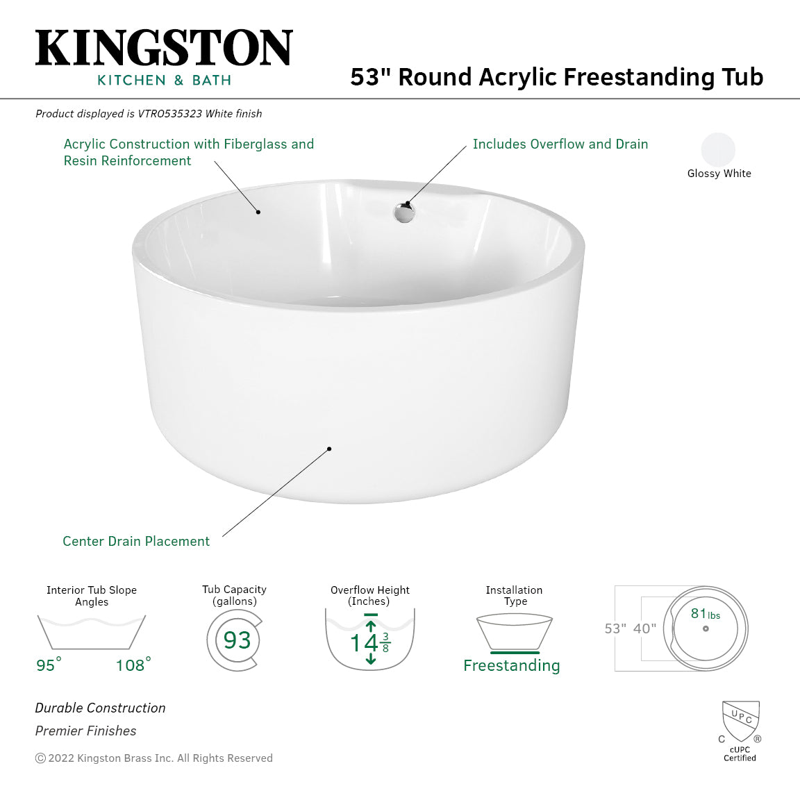 Kingston Brass VTRO535323 53" Acrylic Round Double Ended Freestanding Tub with Drain, Glossy White