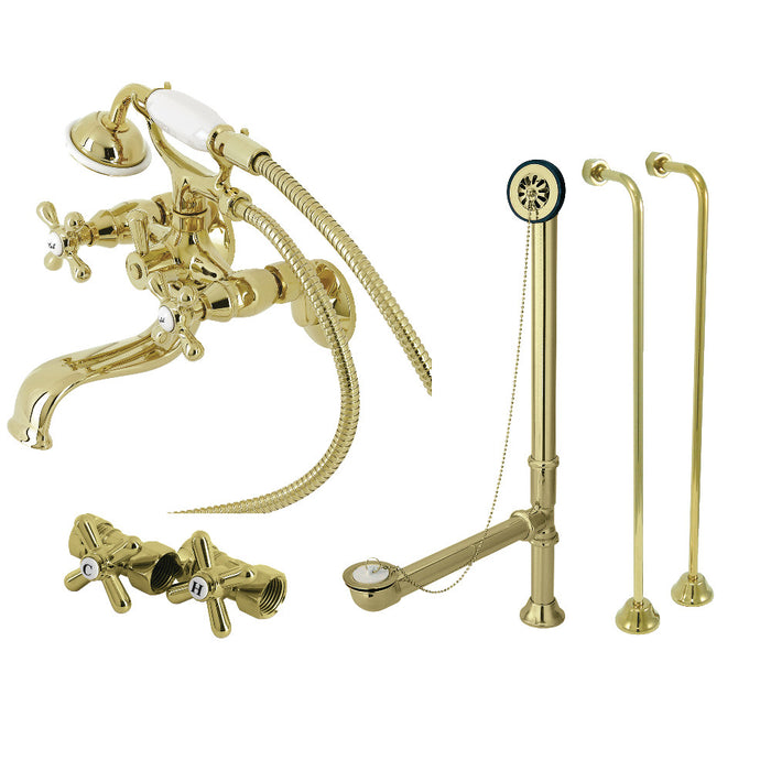 Kingston Brass CCK225PB Vintage Tub Wall Mount Clawfoot Tub Faucet Package with Supply Line, Hand Shower and Tub Drain, Polished Brass