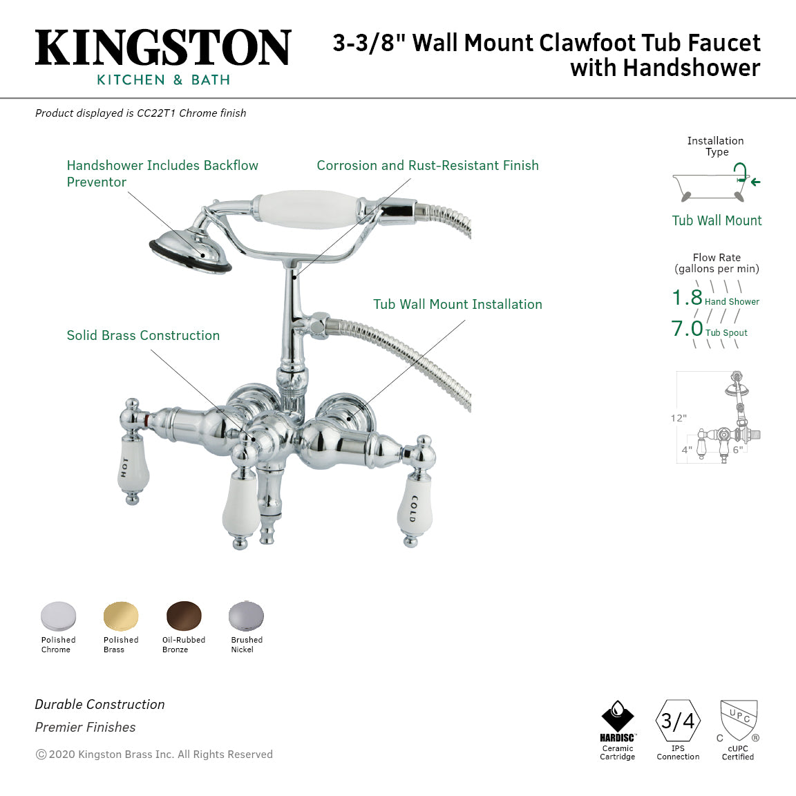 Kingston Brass CC21T2 Vintage 3-3/8-Inch Wall Mount Tub Faucet with Hand Shower, Polished Brass