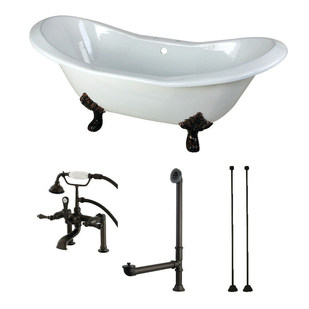Aqua Eden KCT7D7231C5 72" Cast Iron Oval Double Slipper Clawfoot Tub with Faucet Drain and Supply Lines Combo, White/Oil Rubbed Bronze