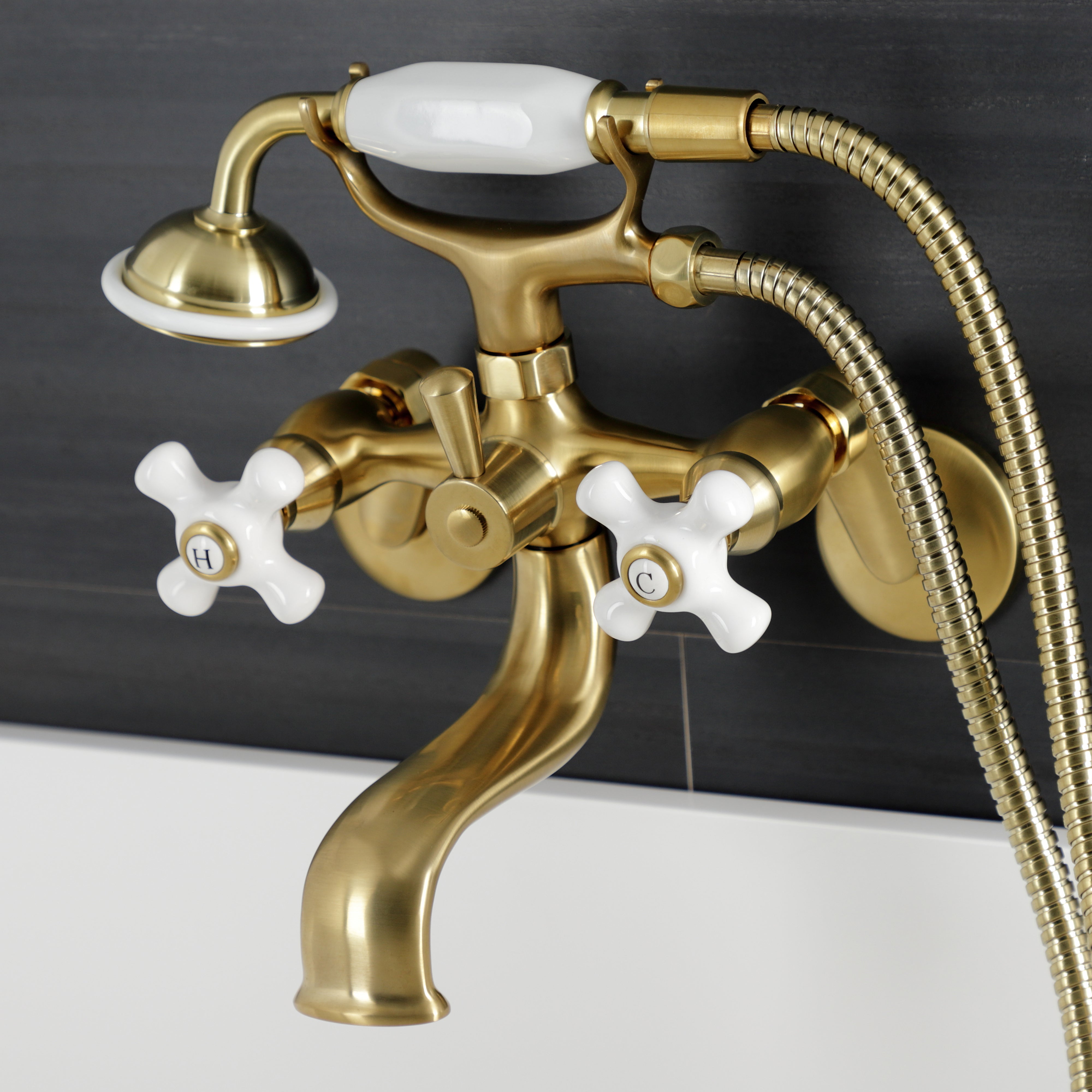 Kingston Brass KS226PXSB Kingston Wall Mount Clawfoot Tub Faucet with Hand Shower, Brushed Brass
