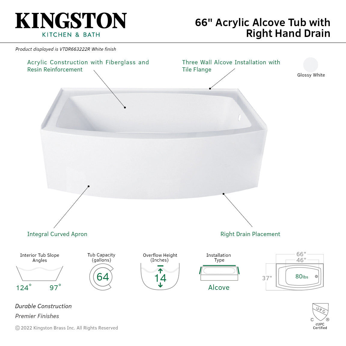 Aqua Eden VTDR663222R 66" Acrylic Curved Rectangular Apron 3-Wall Alcove Tub, Right Hand Drain, Glossy White