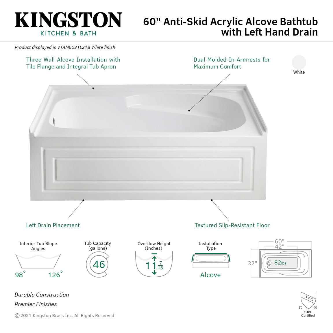 Aqua Eden VTAM6031L21B 60" Acrylic Rectangular 3-Wall Alcove Tub with Armrests and Anti-Skid Surface, Left Hand Drain, Glossy White