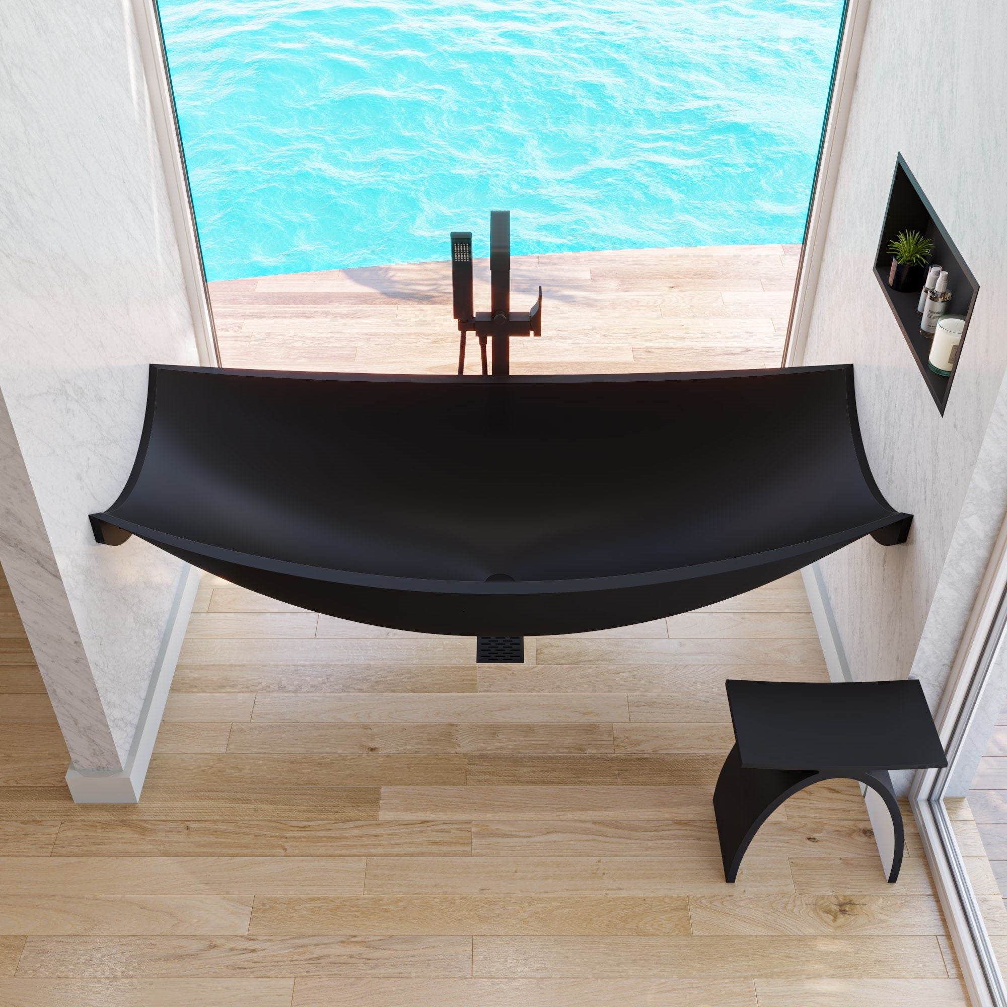 ALFI HammockTub2-BM Black Matte 71" Solid Surface Resin Suspended Wall Mounted Hammock Bathtub
