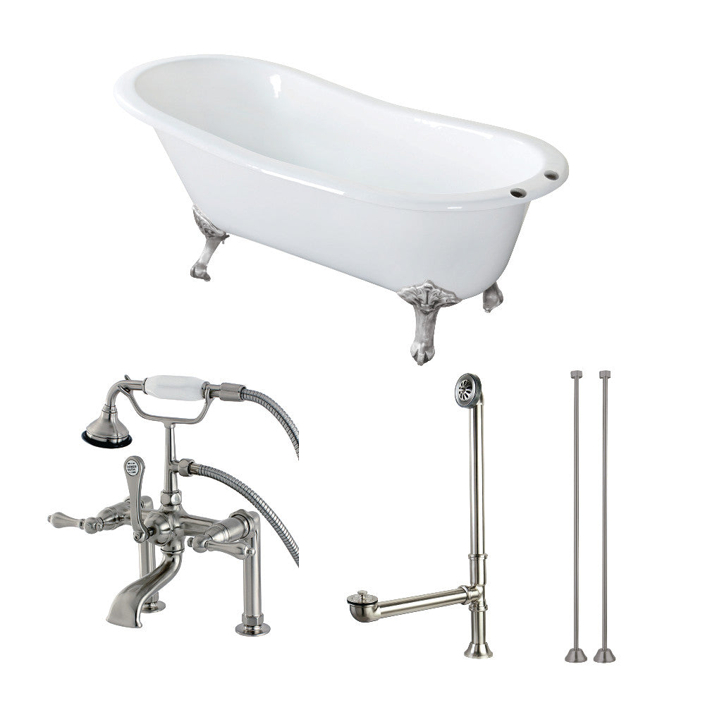 Aqua Eden KCT7D653129C8 62" Cast Iron Oval Single Slipper Clawfoot Tub with Faucet Drain and Supply Lines Combo, White/Brushed Nickel